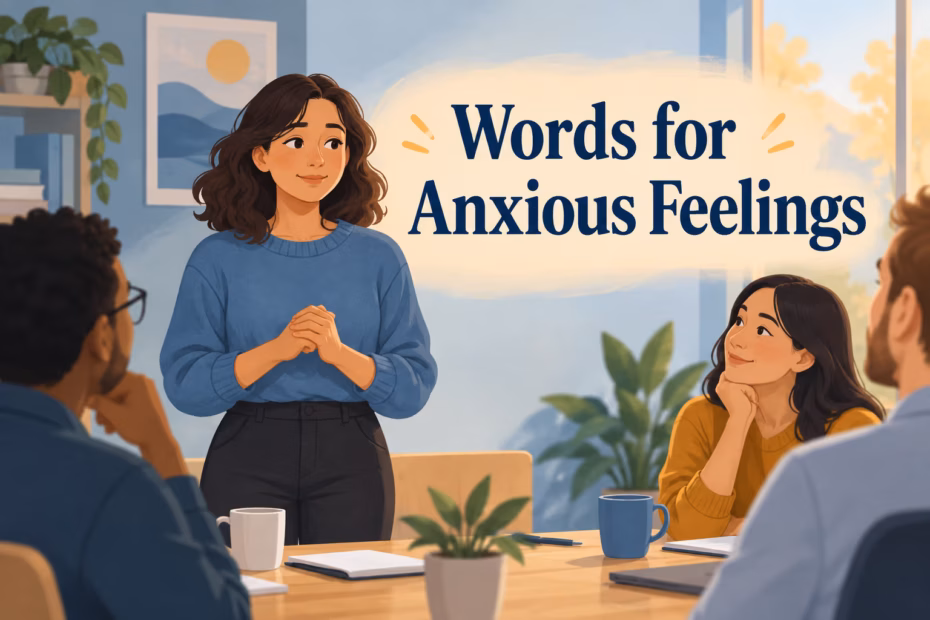 A person preparing to speak in a meeting, with the heading Words for Anxious Feelings