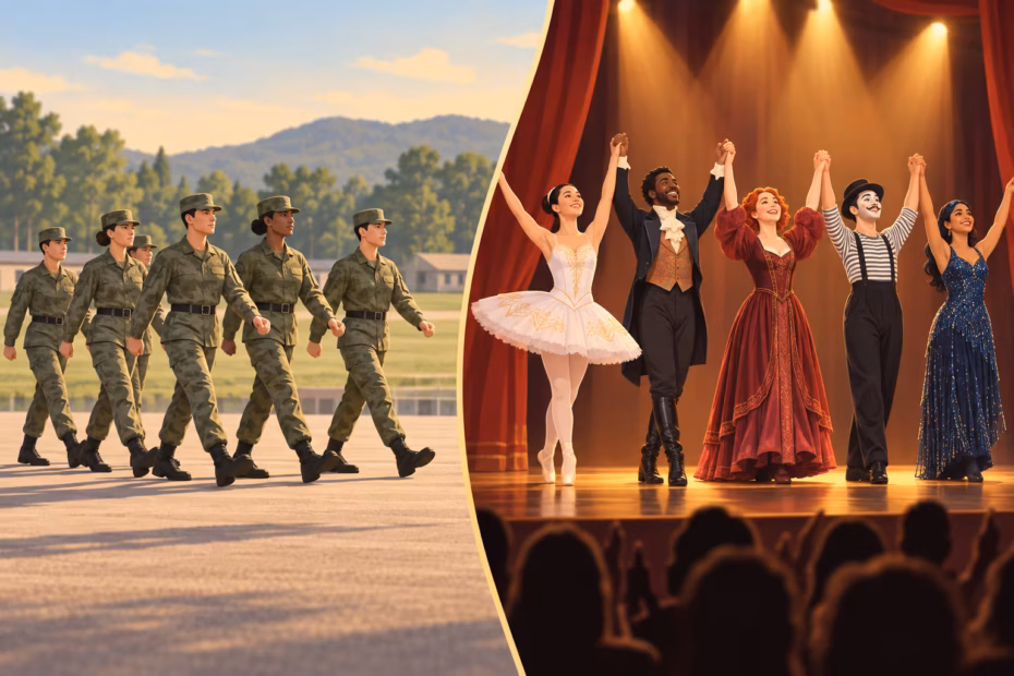 Two groups illustrate troop and troupe: soldiers walking in formation beside performers taking a stage bow.