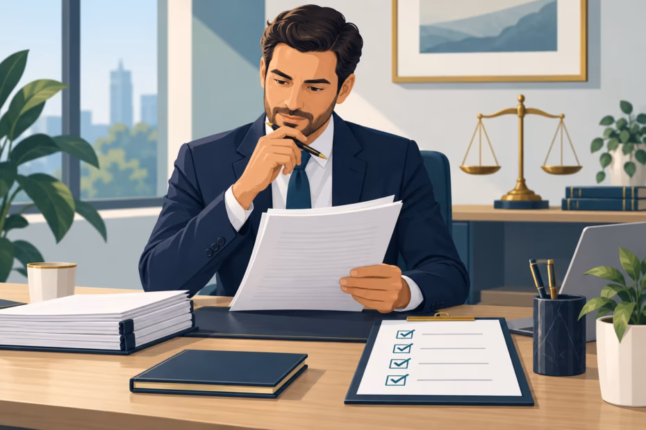 An editor reviews a report beside a checked list and balanced scales, illustrating careful, trustworthy conduct.