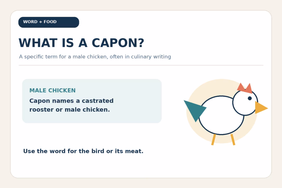 Illustration and definition: a capon is a specific term for a male chicken, often used in culinary writing