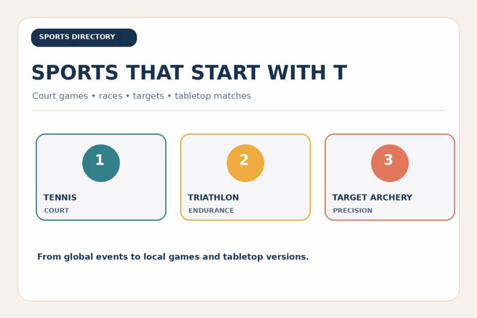 Directory of sports beginning with T, including tennis, triathlon, and target archery