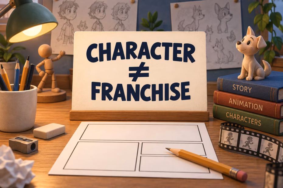 Cartoon character index beside a comic book, with the lesson CHARACTER does not equal FRANCHISE.