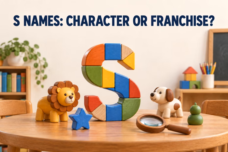 Colorful 3D letter S blocks with toy figures and the heading S names: character or franchise?
