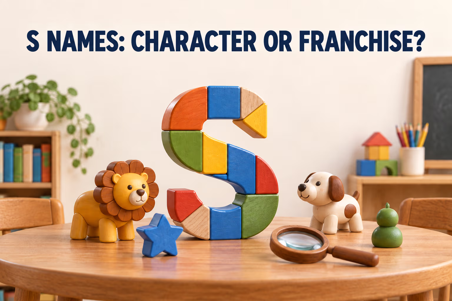 Colorful 3D letter S blocks with toys and the heading S names: character or franchise?