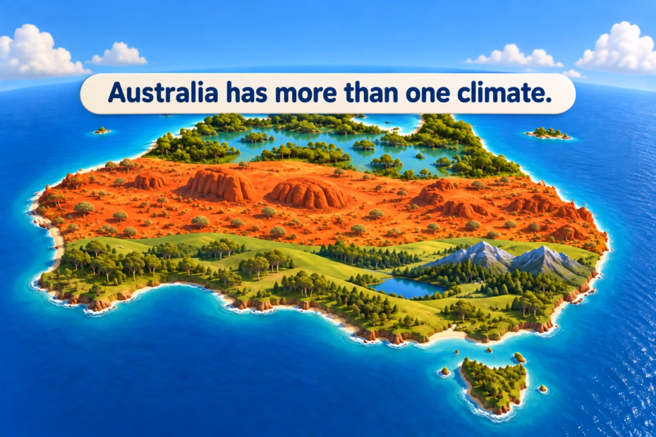 An abstract map-inspired landscape combines a tropical wetland, arid interior, and temperate southern hills. Australia has more than one climate.