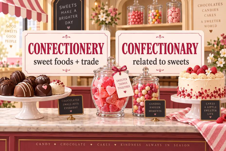 Sweets and a cake sit beneath labels explaining confectionery as sweet foods and the trade, and confectionary as related to sweets.
