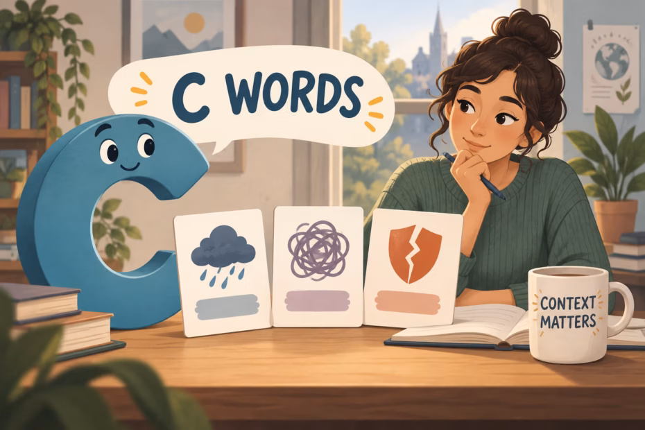 A reader considers three word cards beside a large letter C.