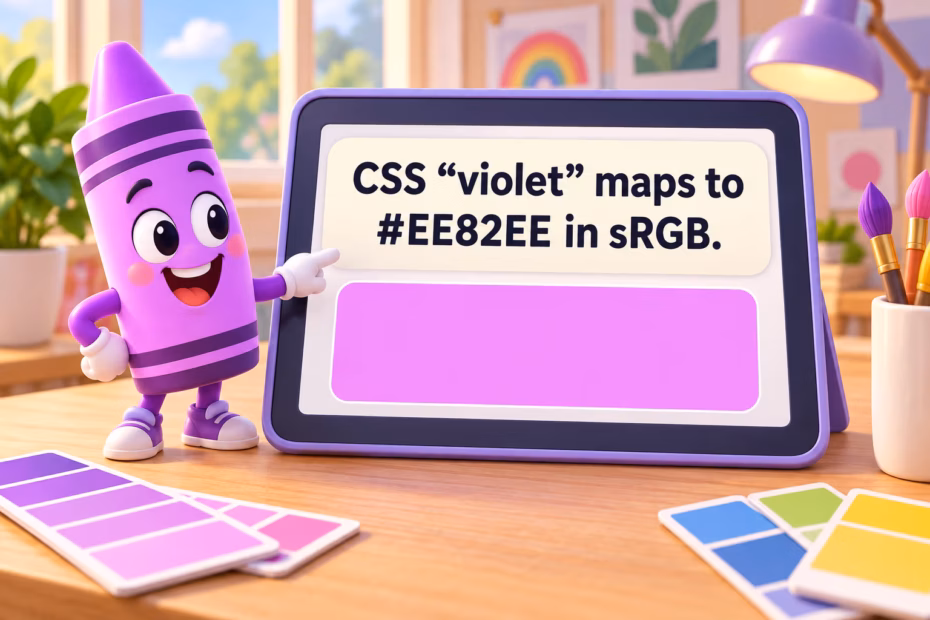 Cartoon color guide shows the CSS violet value #EE82EE in sRGB.