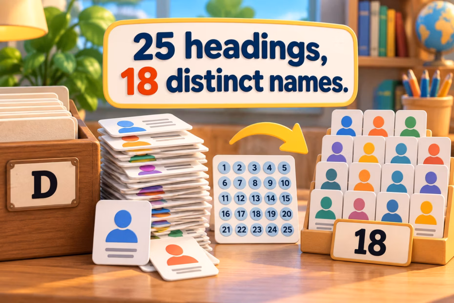 A letter-D file, numbered profile cards, and unique-name tokens illustrate the 25 headings and 18 distinct names.