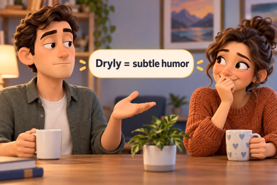 A straight-faced speaker delivers an understated joke while a listener recognizes the humor.