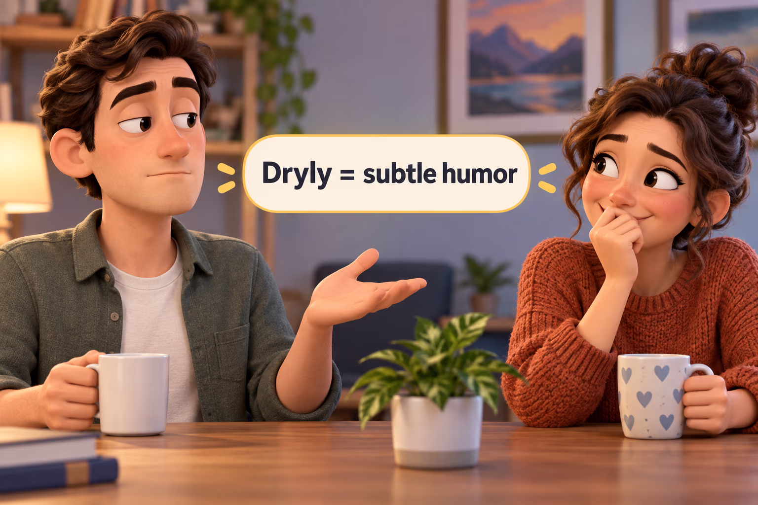 A straight-faced speaker delivers an understated joke while a listener recognizes the humor.