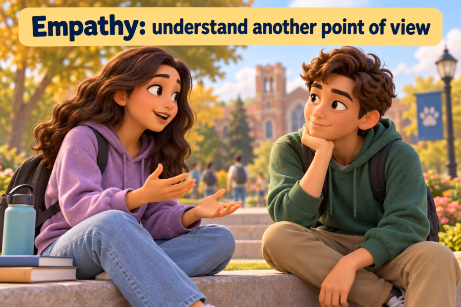 A student listens as a friend shares their point of view, illustrating empathy.