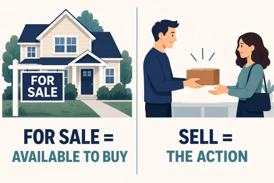 For sale means available to buy; sell is the action.