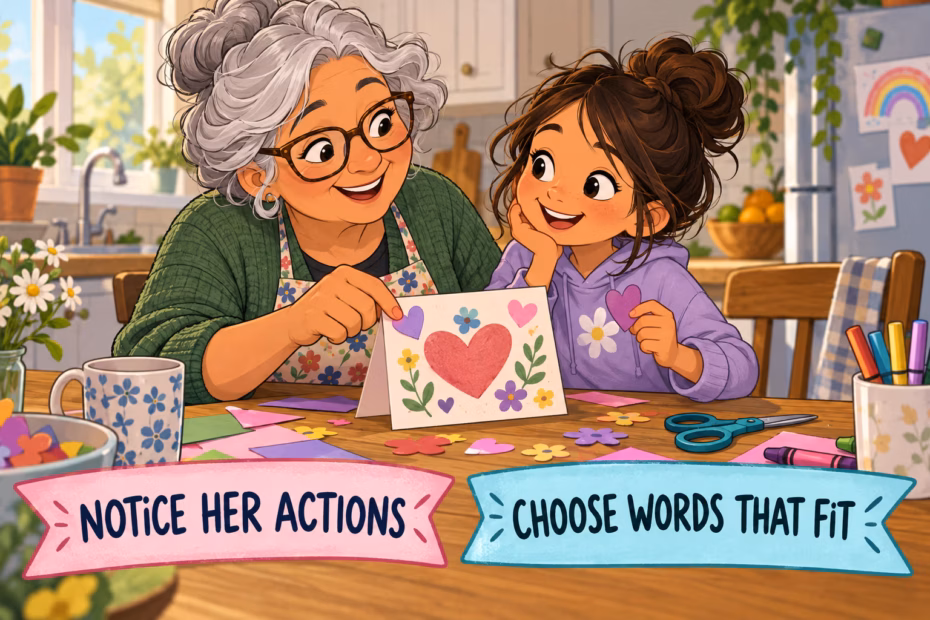 A grandmother and grandchild make a card beneath signs that say to notice her actions and choose words that fit.