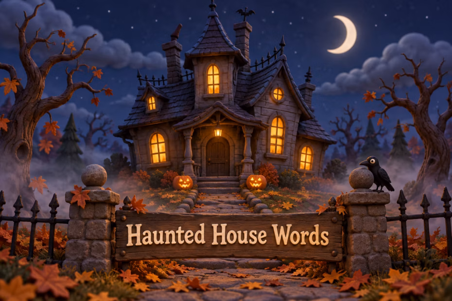 A storybook haunted house at night beneath a crescent moon, with autumn leaves, glowing windows, and a sign reading Haunted House Words.