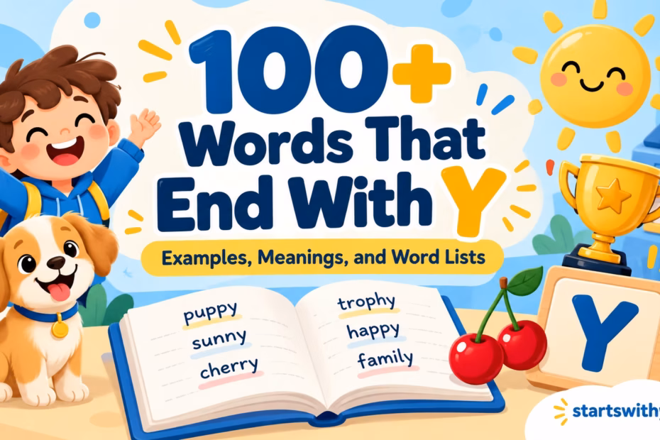 Educational illustration showing word examples and spelling patterns for words ending in Y