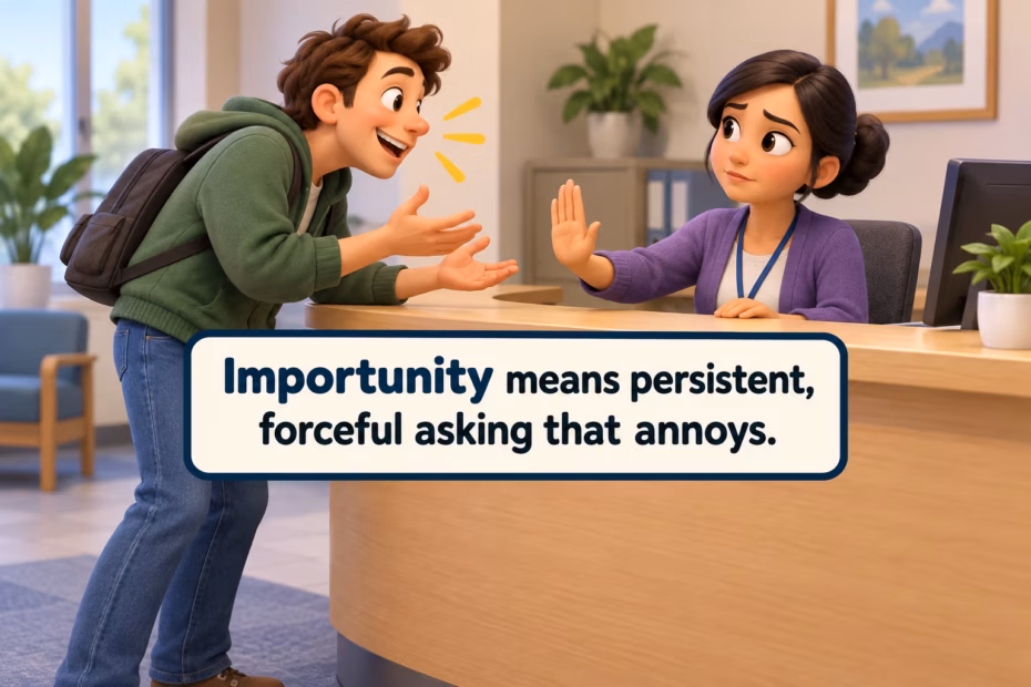A calm office scene shows one person repeating a request while another sets a boundary. Text: “Importunity means persistent, forceful asking that annoys.”