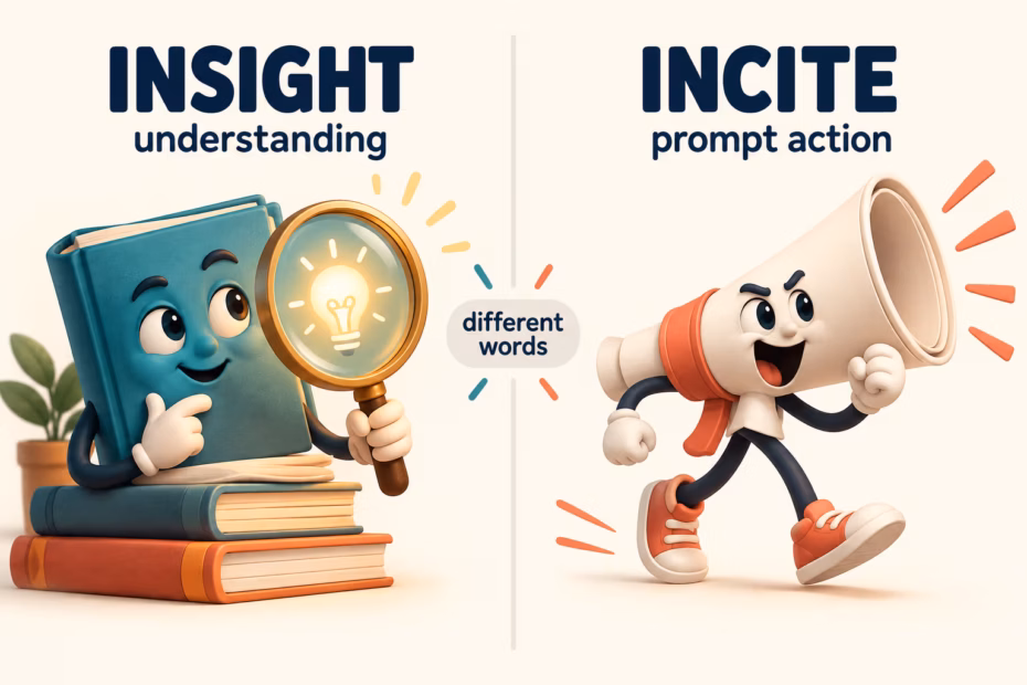 A book and magnifying glass represent insight as understanding, while a megaphone represents incite as prompting action