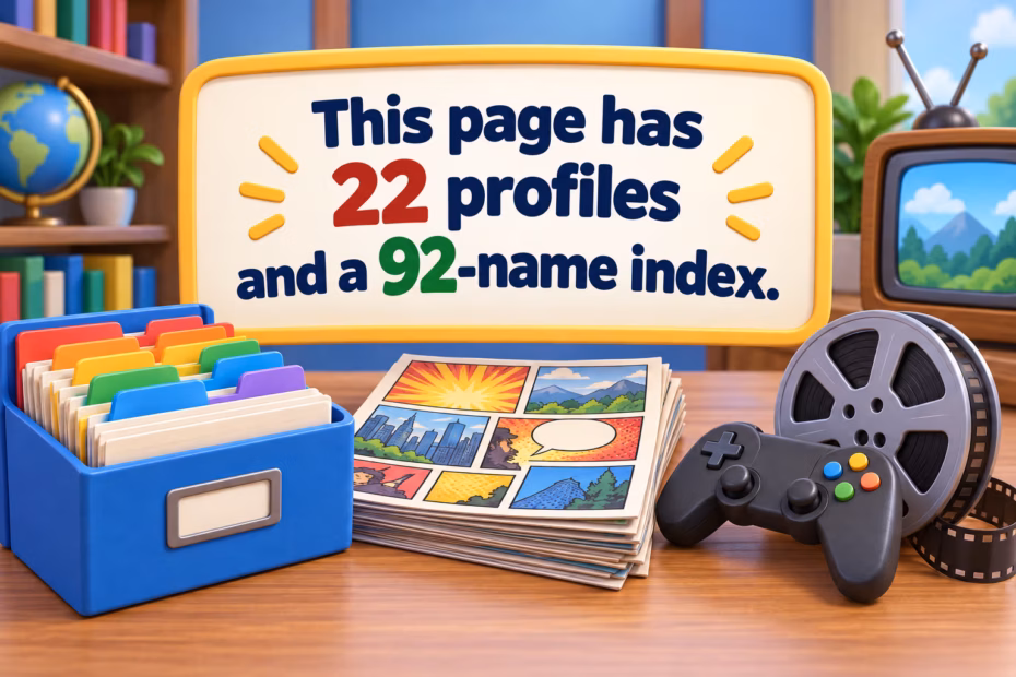 A colorful index-card file, comic pages, game controller, film reel, and television illustrate a 22-profile, 92-name index.