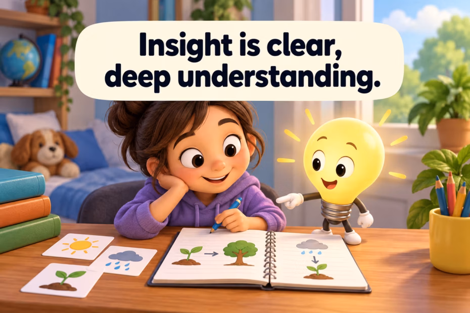 Cartoon student and friendly lightbulb study a notebook to illustrate insight as deep understanding.