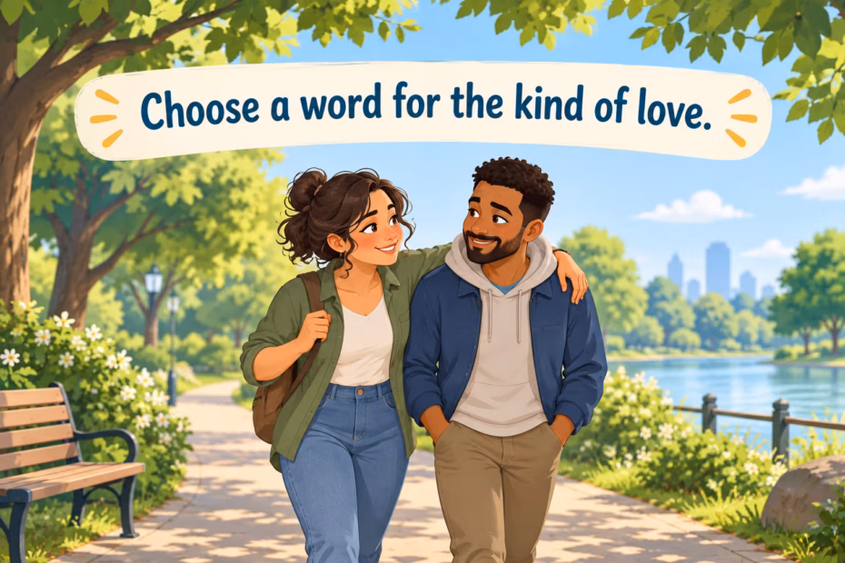A pair of friends walk together in a park beneath a banner that reads “Choose a word for the kind of love.”