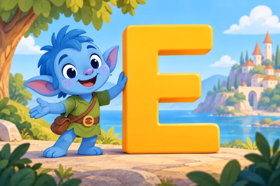 A friendly cartoon creature stands beside a large letter E.
