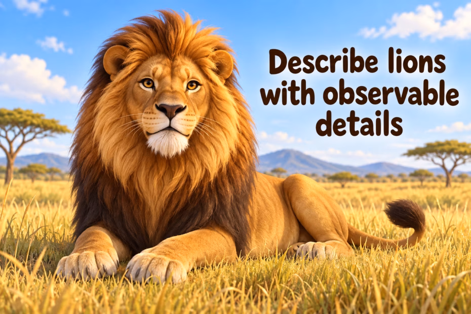 Adjectives for lions: adult male lion with mane and teaching text