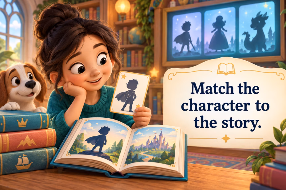 A reader compares a generic character index card with a storybook in a library.