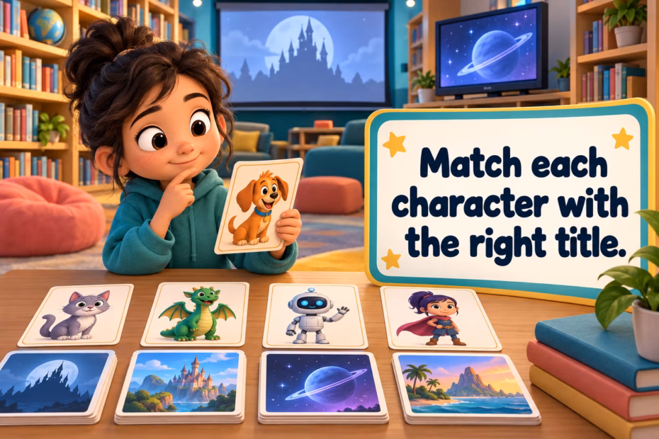 A reader matches generic animated character cards to film and television titles in a bright media library.