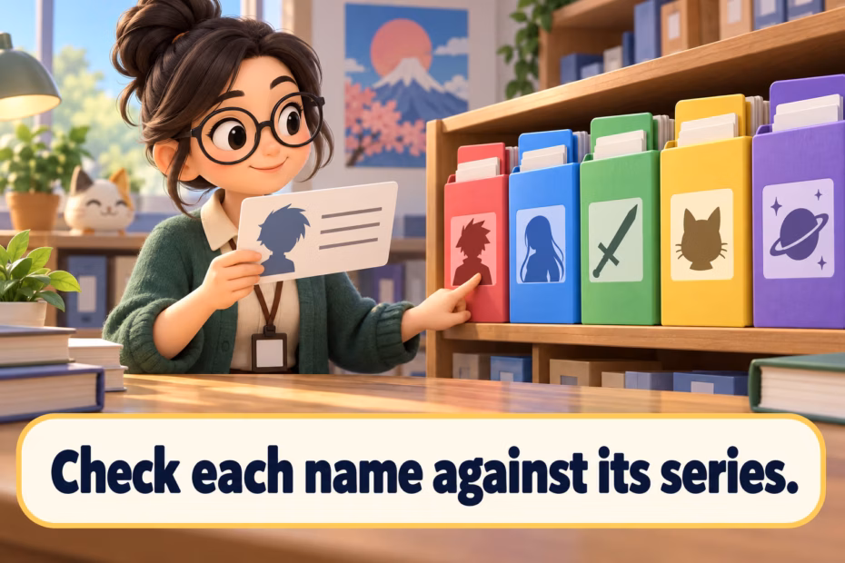 Playful 3D illustration of an archivist checking a name against series folders. Text: Check each name against its series.