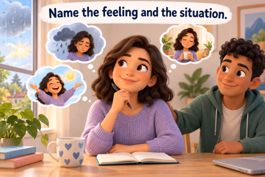 A person reflects on a feeling while a supportive friend sits nearby.