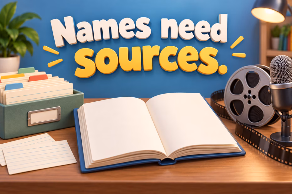 An index-card box, open book, microphone, and film reel illustrate why character names need sources.