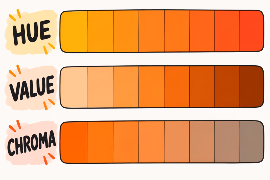 A color scale shows orange shades varying in hue, value, and chroma.