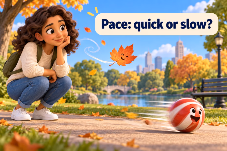 A reader watches a leaf drift slowly while a ball rolls quickly across a park path.