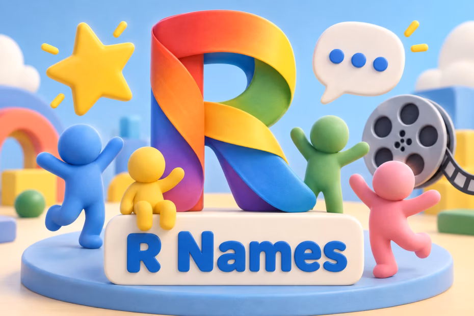 Cartoon character names beginning with R, represented by a colorful letter R and generic animation symbols.