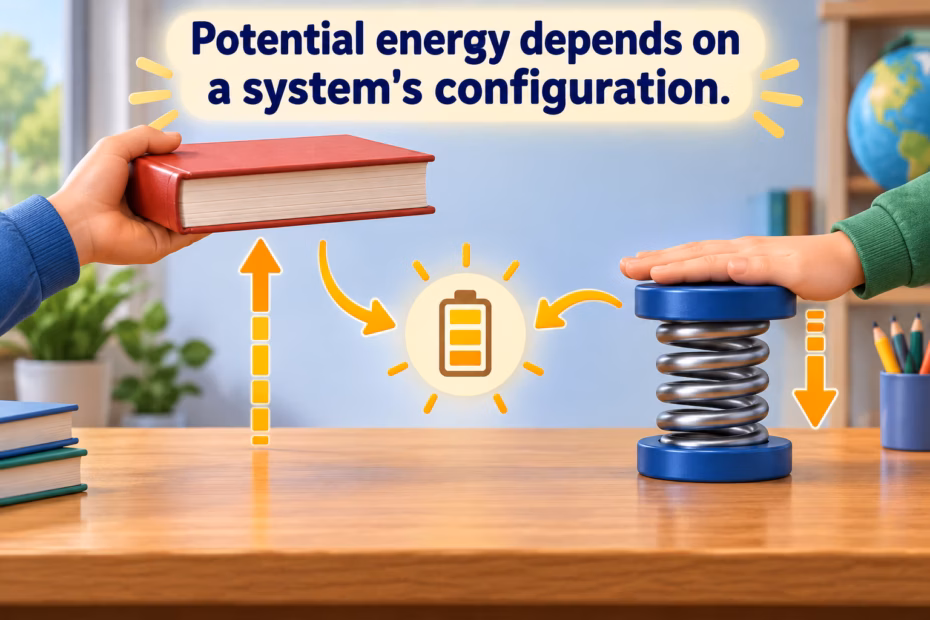 A raised book and compressed spring illustrate potential energy associated with system configuration.
