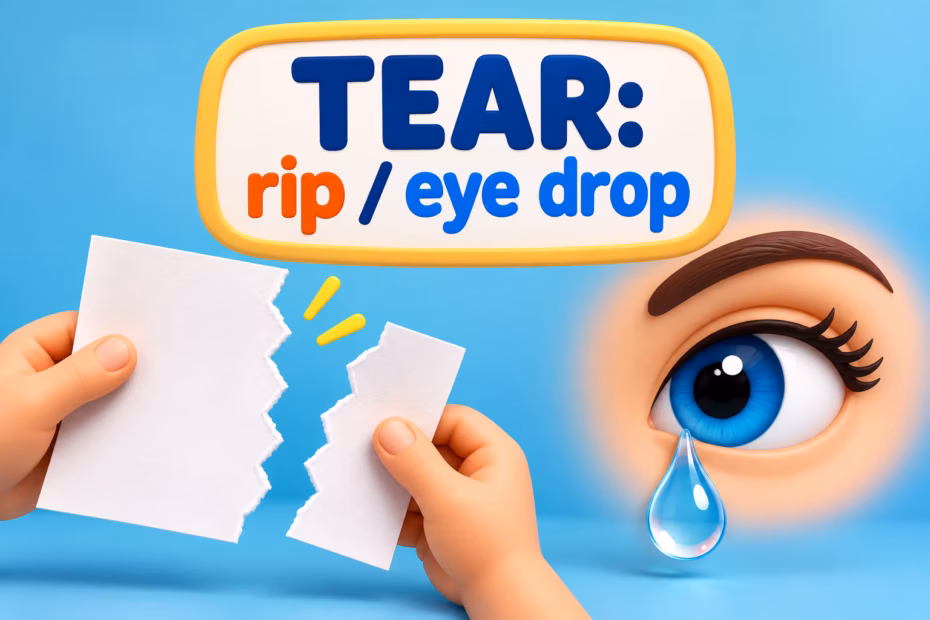 Torn paper beside a tear drop, illustrating tear as rip and eye liquid