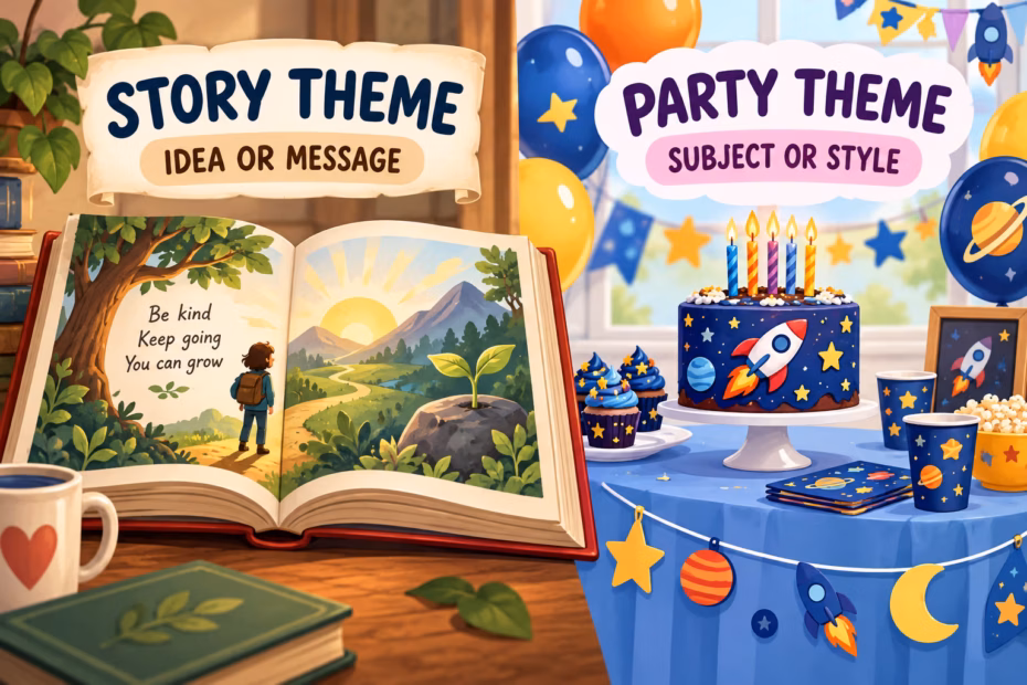 An open storybook labeled story theme and a space-themed party labeled party theme.
