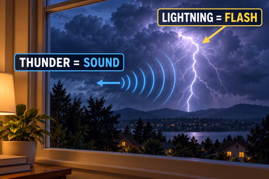 A storm viewed from indoors shows thunder as sound and lightning as a flash.