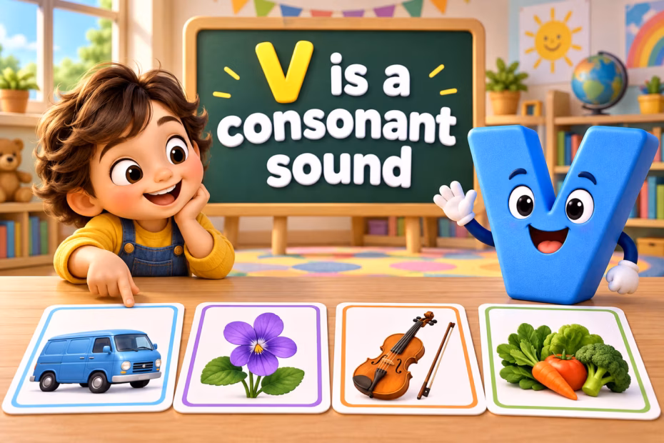 A child explores V words on picture cards beside a friendly letter V, under the words V is a consonant sound.