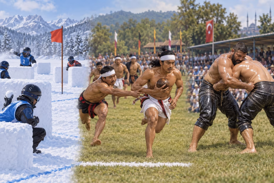 Illustration of Yukigassen, Yubi lakpi, and traditional oil wrestling