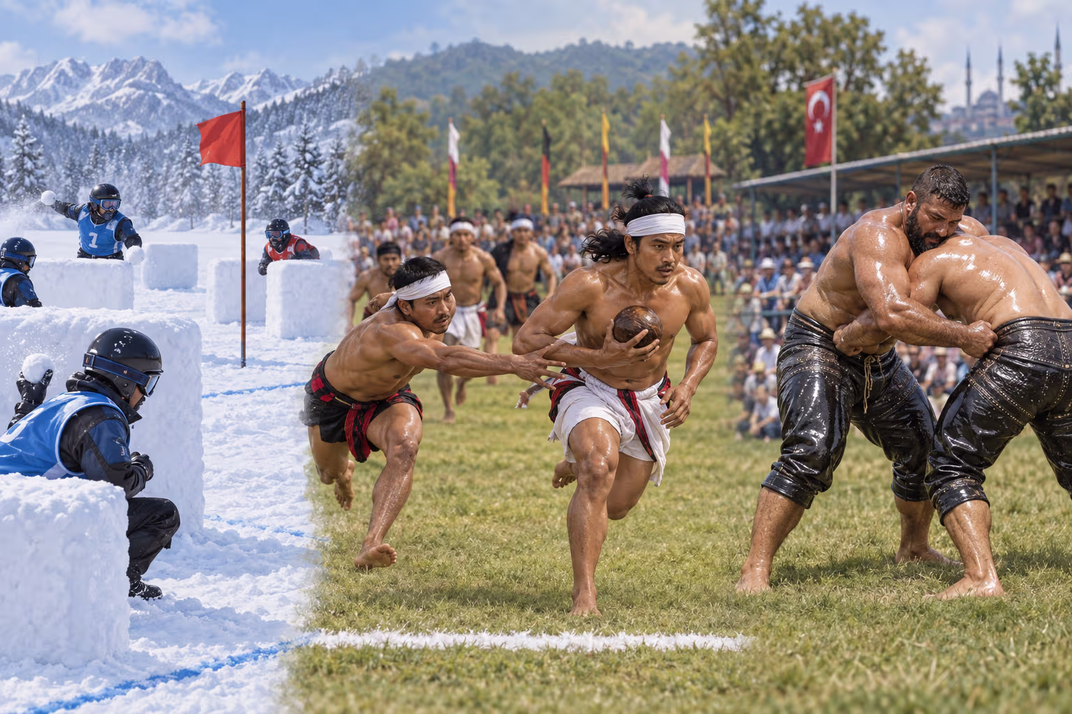 Illustration of Yukigassen, Yubi lakpi, and traditional oil wrestling