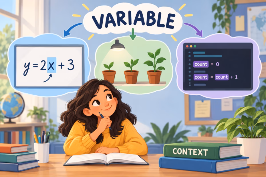 A learner compares variable examples in an equation, plant experiment, and code window.