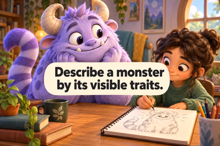 Friendly purple cartoon monster with curved horns and a striped tail is sketched by a young writer.