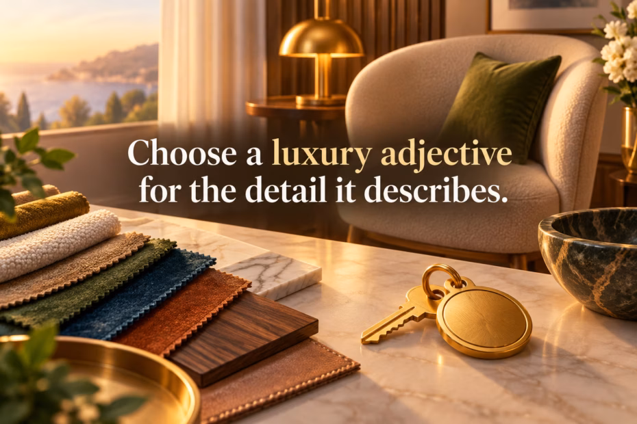 Material swatches, a graceful chair, and a hotel key represent details a luxury adjective can describe.