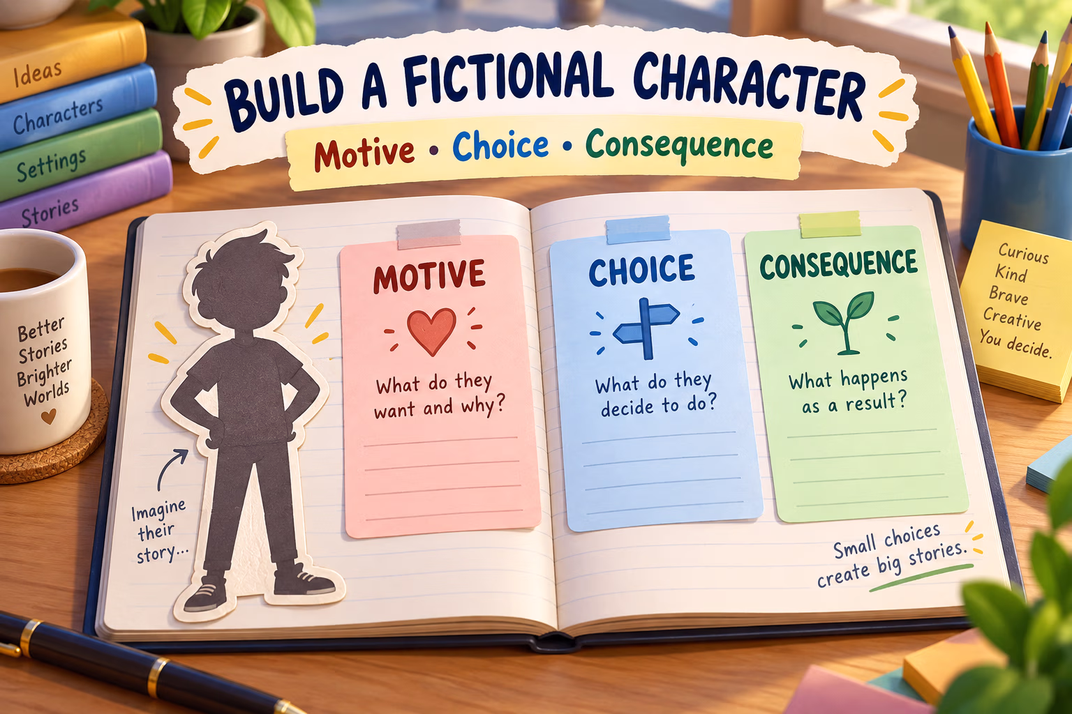 Open fiction notebook presents motive, choice, and consequence as ways to develop a character.