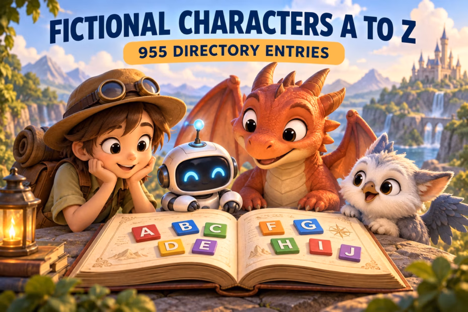 Original storybook characters gather around an open book with alphabet tiles, illustrating a fictional characters A-to-Z directory.