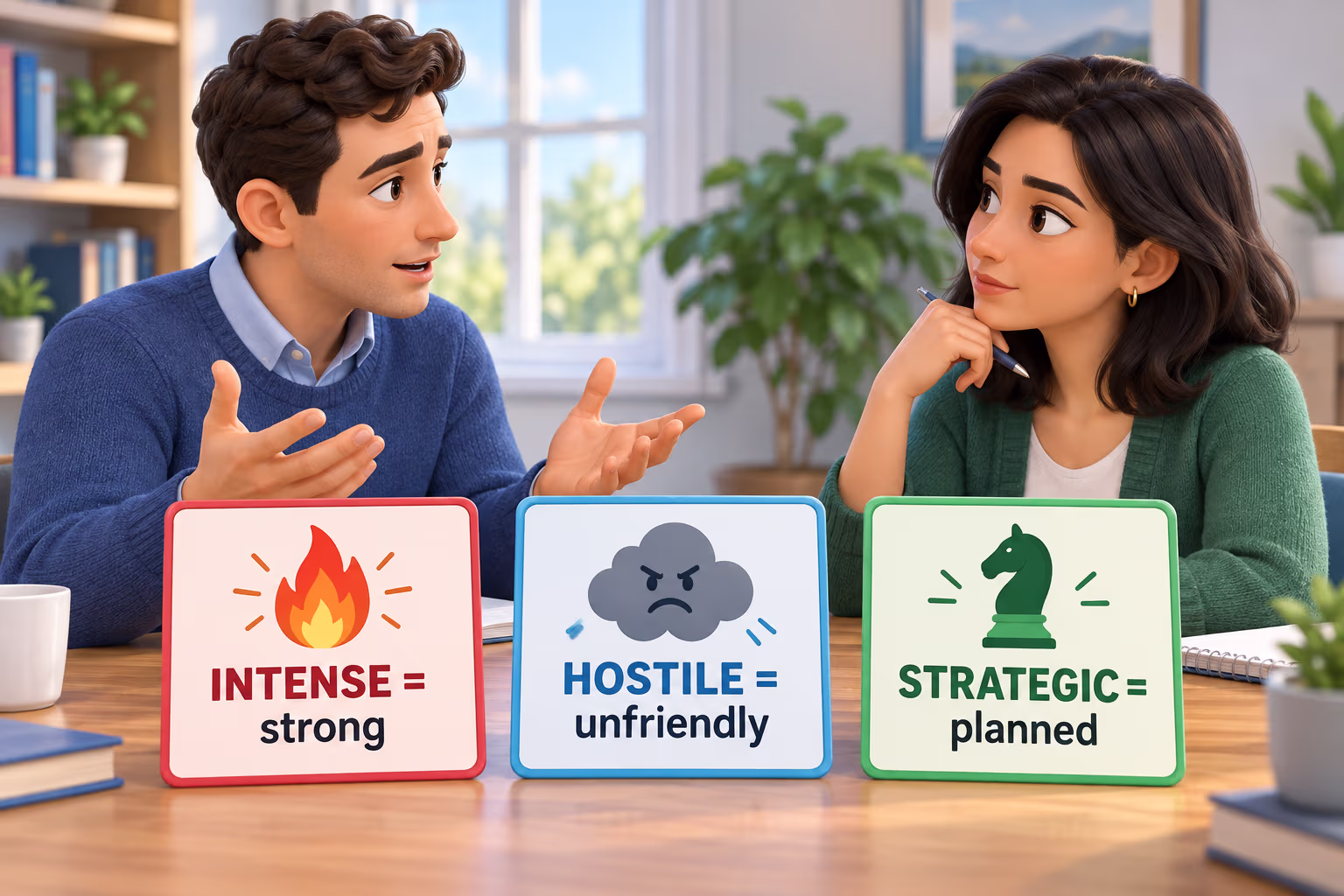 Cue cards define intense as strong, hostile as unfriendly, and strategic as planned.