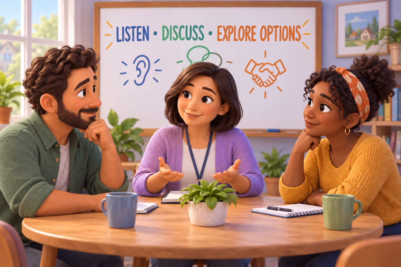 People in a facilitated discussion listen, talk, and explore options together.