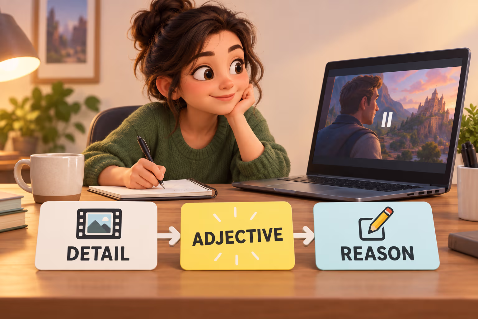 A viewer writes a film review using three connected cards labeled DETAIL, ADJECTIVE, and REASON.